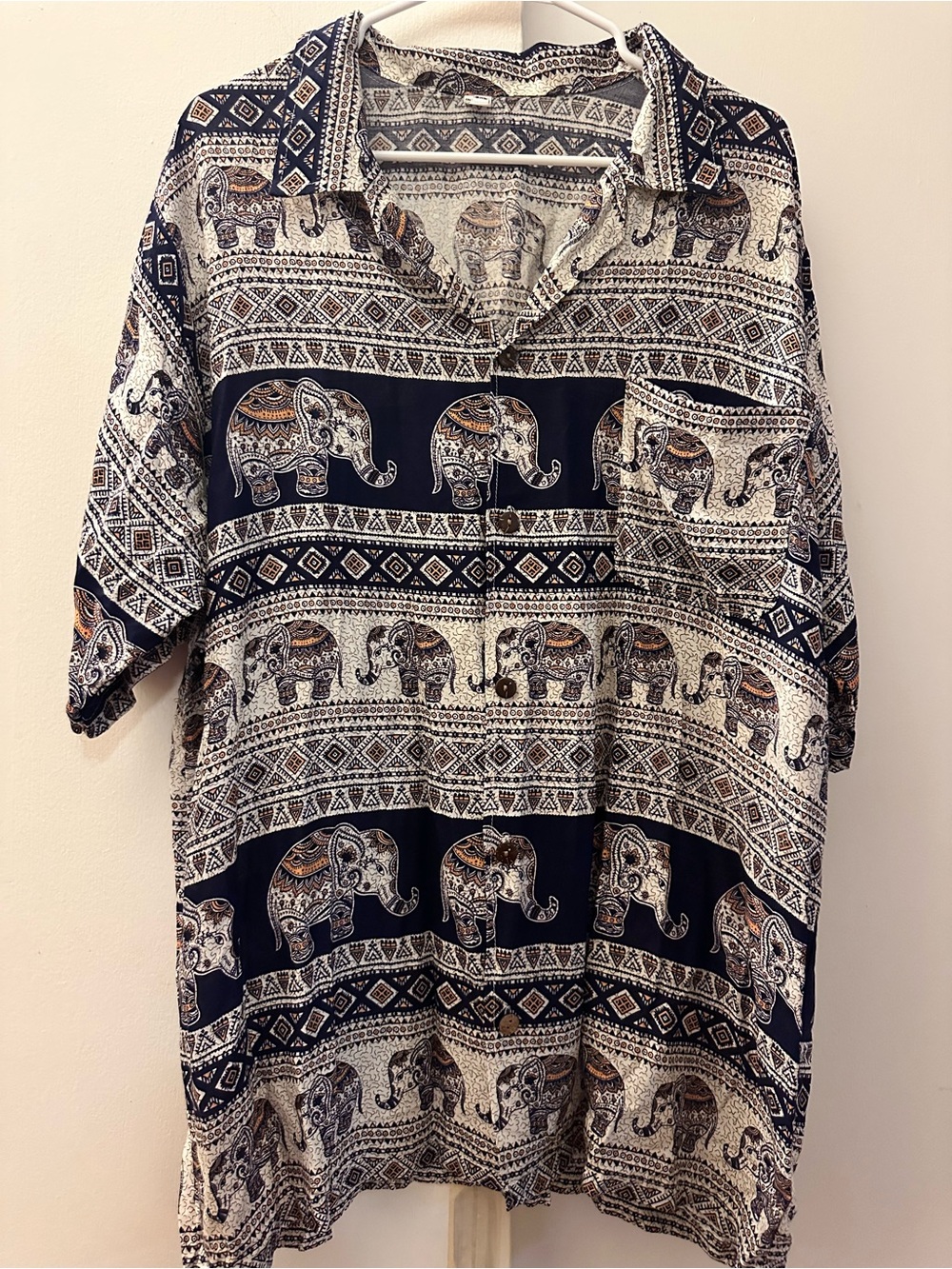 Men's Short-Sleeve Elephant Print Shirt in Navy and Cream Thailand 3XL